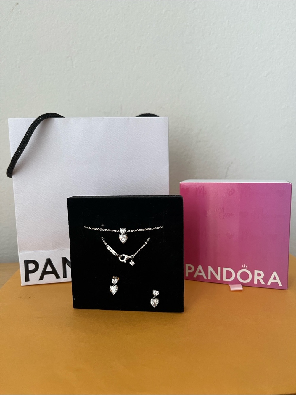Authentic Pandora Sterling Silver Sparking Double Heart Necklace and Earring Set